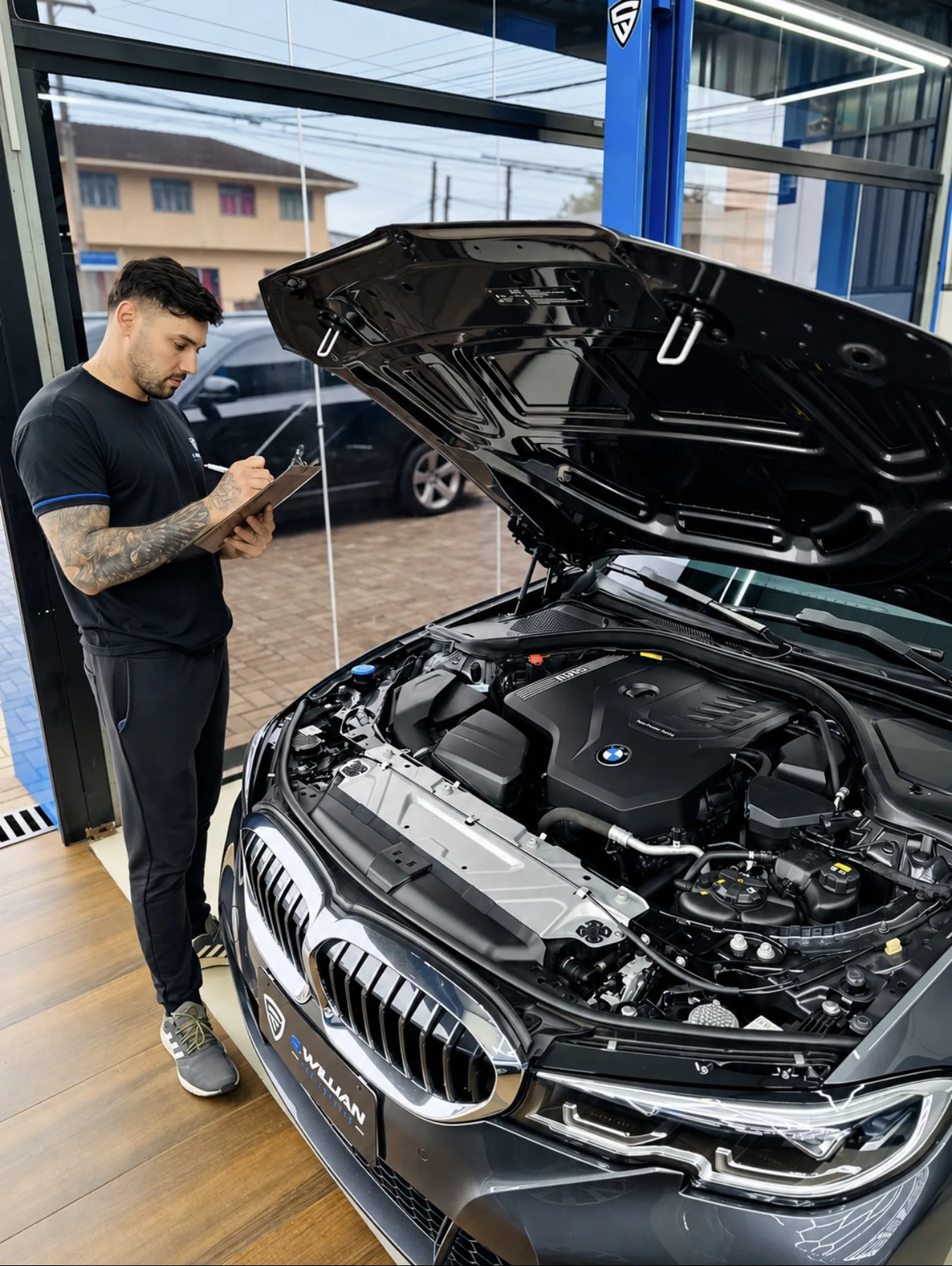 Técnico preenchendo o checklist na prancheta ao lado de um BMW com o capô aberto